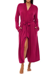 Women's Soft Beetroot Cotton Long Knit Robe with Pockets, Lightweight Bathrobe