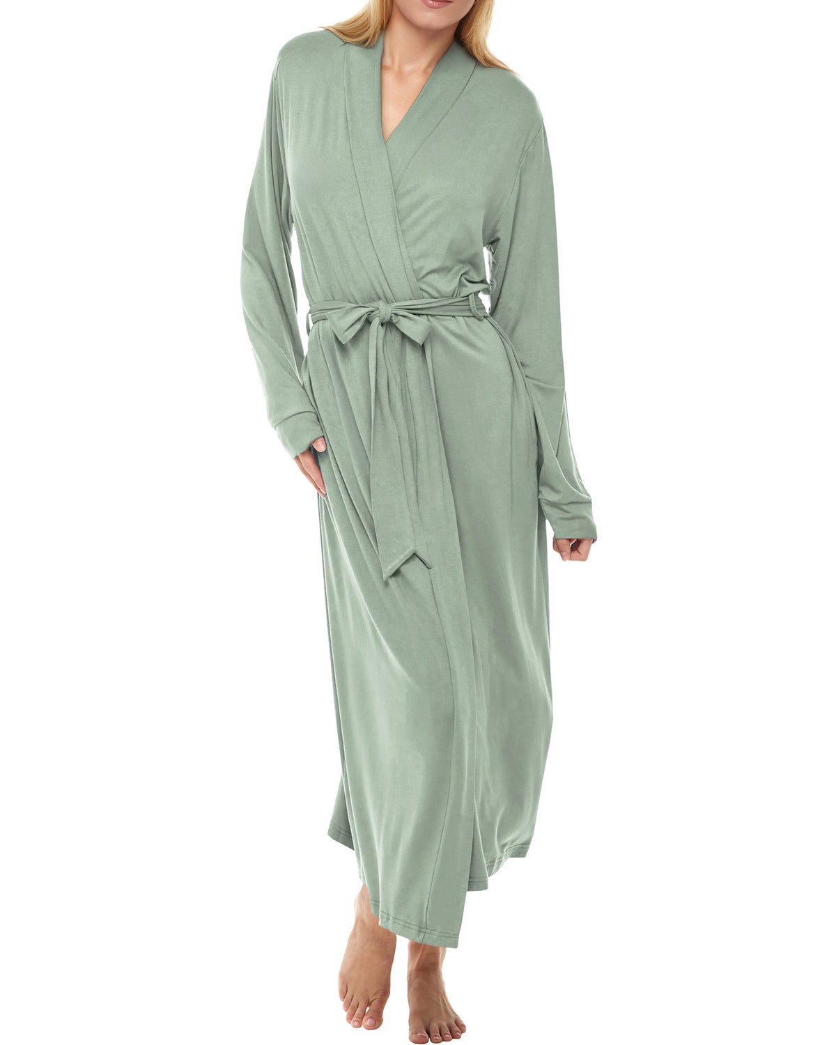 Women's Sage Green Cotton Long Knit Robe with Pockets, Lightweight Bathrobe