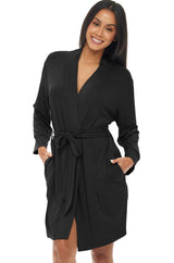 Women's Black Classic Knit Robe with Pockets, Lightweight Knee Length Bathrobe