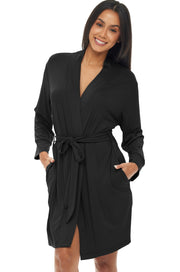 Women's Black Classic Knit Robe with Pockets, Lightweight Knee Length Bathrobe