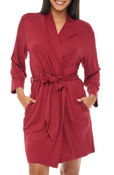 Women's Burgundy Classic Knit Robe with Pockets, Lightweight Knee Length Bathrobe