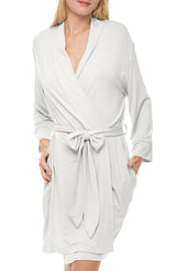 Women's Light Gray Classic Knit Robe with Pockets, Lightweight Knee Length Bathrobe
