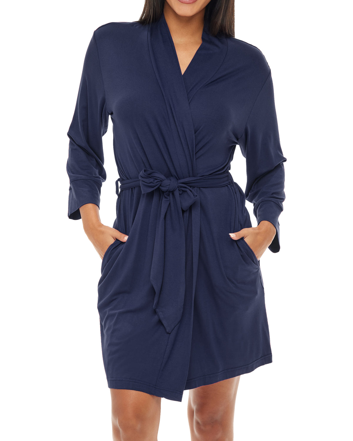Women's Midnight Blue Classic Knit Robe with Pockets, Lightweight Knee Length Bathrobe