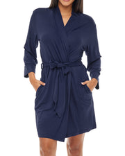 Women's Midnight Blue Classic Knit Robe with Pockets, Lightweight Knee Length Bathrobe