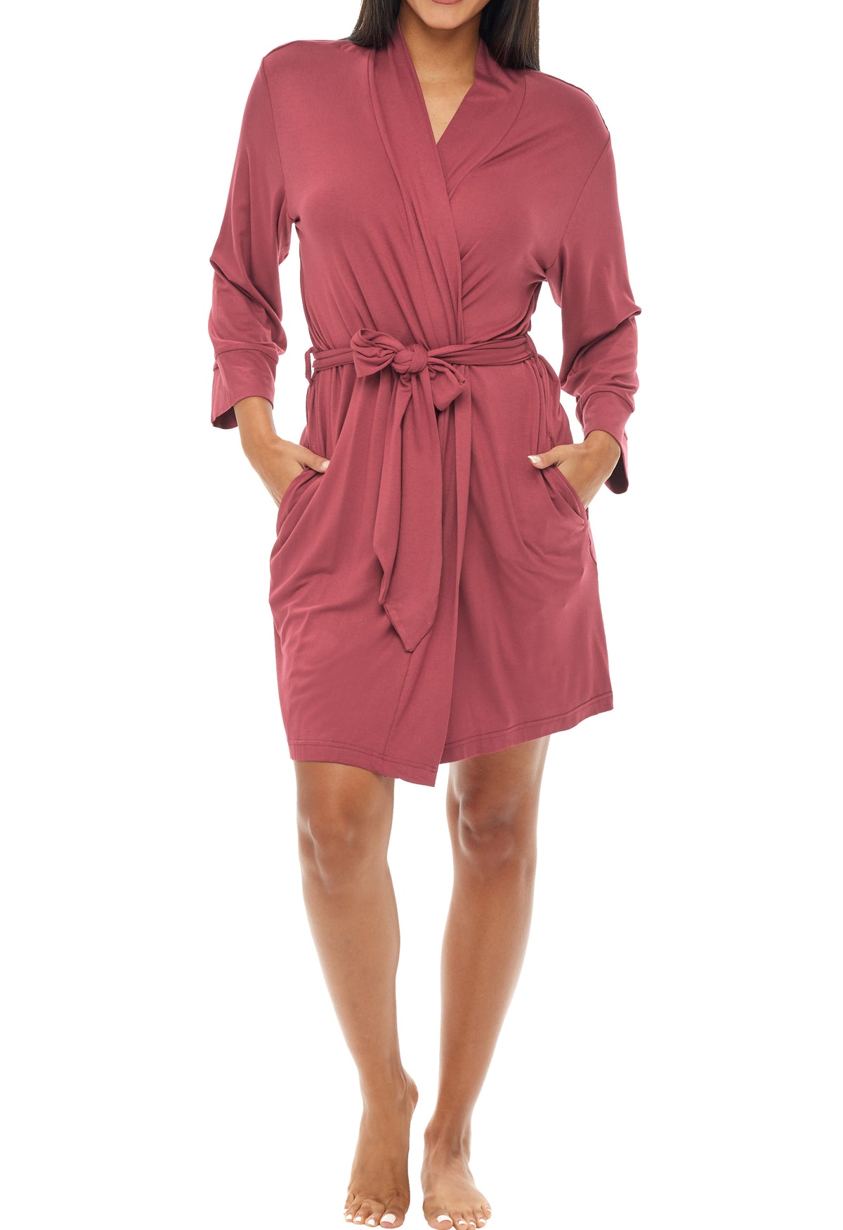 Women's Rose Taupe Classic Knit Robe with Pockets, Lightweight Knee Length Bathrobe