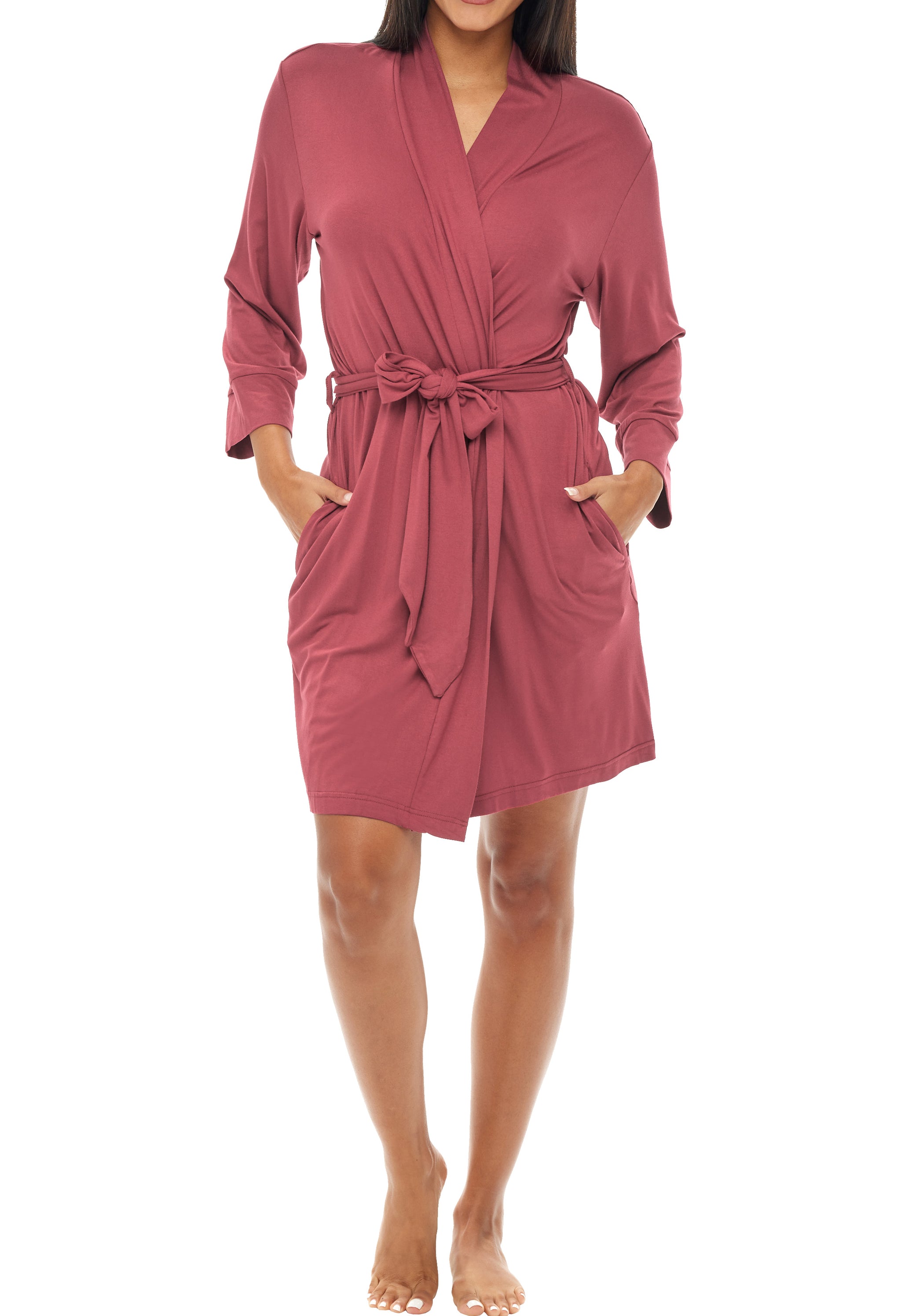 ADR Women's Classic Soft Knit Short Lounge Robe with Pockets Burgundy XL