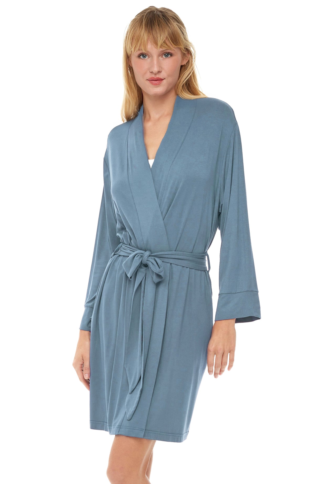 Women's Shadow Blue Classic Knit Robe with Pockets, Lightweight Knee Length Bathrobe