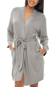 Women's Steel Gray Classic Knit Robe with Pockets, Lightweight Knee Length Bathrobe
