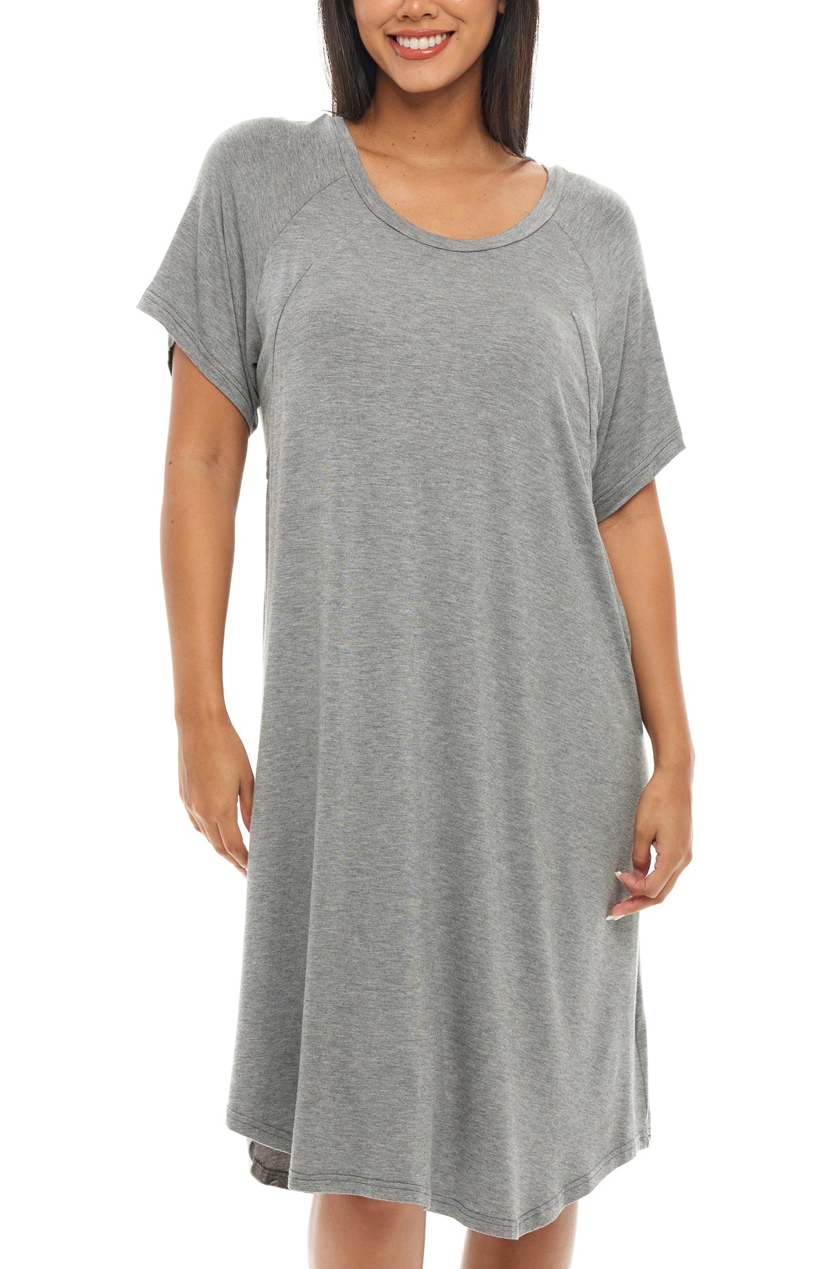 Dark Heathered Gray Maternity Breastfeeding Nightshirt, Nightgown with Zipper for Nursing, Sleep Shirt Pajama Top