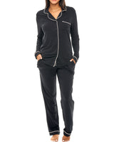 Black Classic Cotton Knit Pajamas Set with Pockets, Lightweight Long Sleeve PJ Set