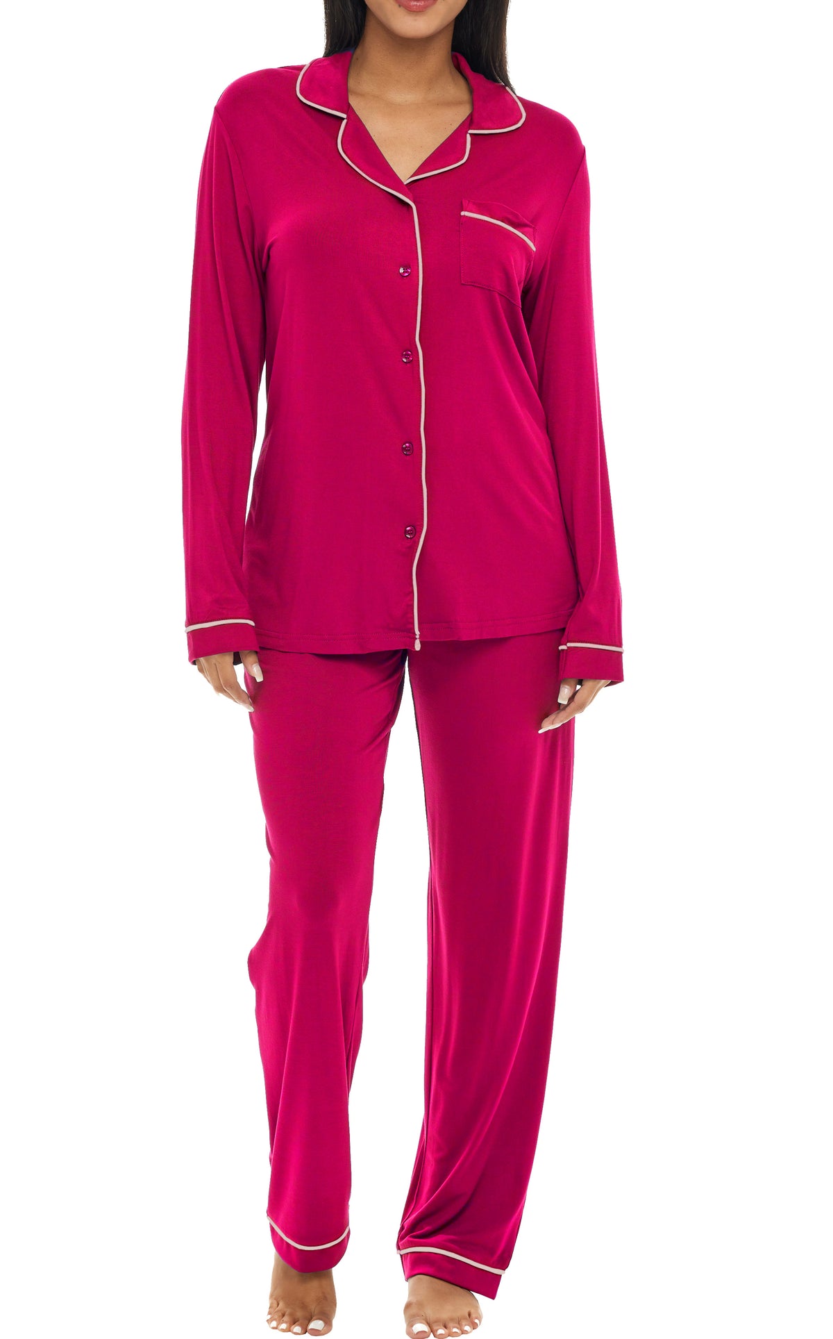 Soft Beetroot Classic Cotton Knit Pajamas Set with Pockets, Lightweight Long Sleeve PJ Set