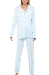 Light Blue Classic Cotton Knit Pajamas Set with Pockets, Lightweight Long Sleeve PJ Set