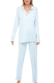 Light Blue Classic Cotton Knit Pajamas Set with Pockets, Lightweight Long Sleeve PJ Set