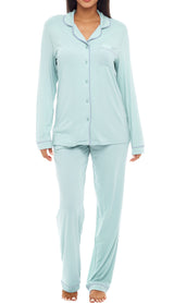 Sea Green Classic Cotton Knit Pajamas Set with Pockets, Lightweight Long Sleeve PJ Set
