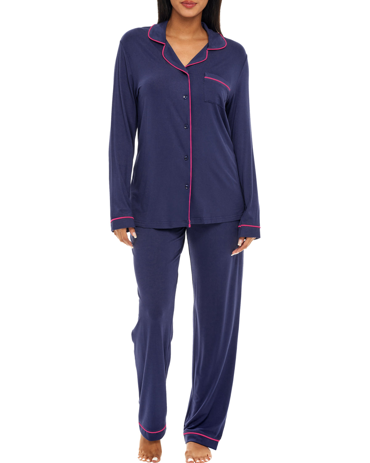 Midnight Blue Classic Cotton Knit Pajamas Set with Pockets, Lightweight Long Sleeve PJ Set