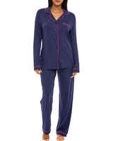 Midnight Blue Classic Cotton Knit Pajamas Set with Pockets, Lightweight Long Sleeve PJ Set