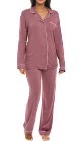 Rose Taupe Classic Cotton Knit Pajamas Set with Pockets, Lightweight Long Sleeve PJ Set