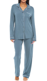 Shadow Blue Classic Cotton Knit Pajamas Set with Pockets, Lightweight Long Sleeve PJ Set