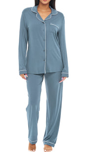 Shadow Blue Classic Cotton Knit Pajamas Set with Pockets, Lightweight Long Sleeve PJ Set