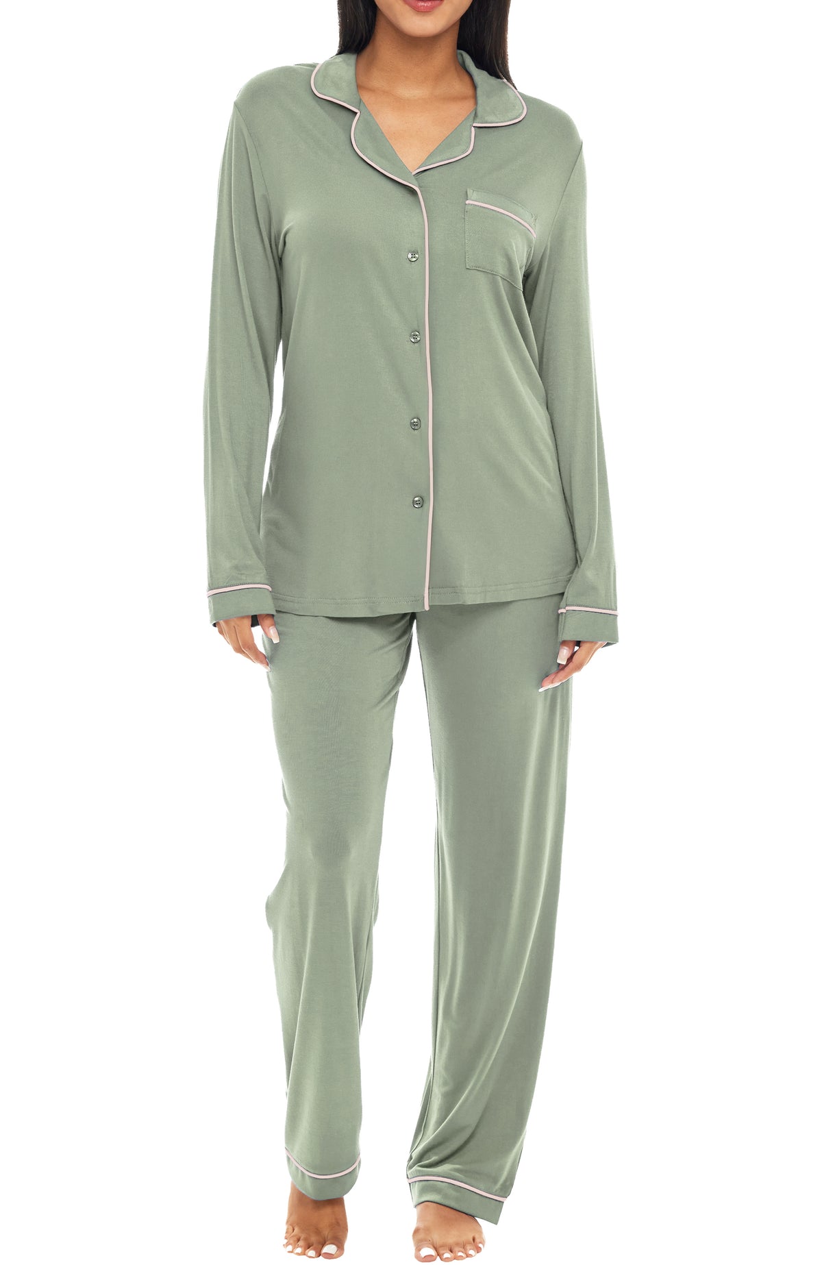 Sage Green Classic Cotton Knit Pajamas Set with Pockets, Lightweight Long Sleeve PJ Set