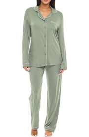 Sage Green Classic Cotton Knit Pajamas Set with Pockets, Lightweight Long Sleeve PJ Set