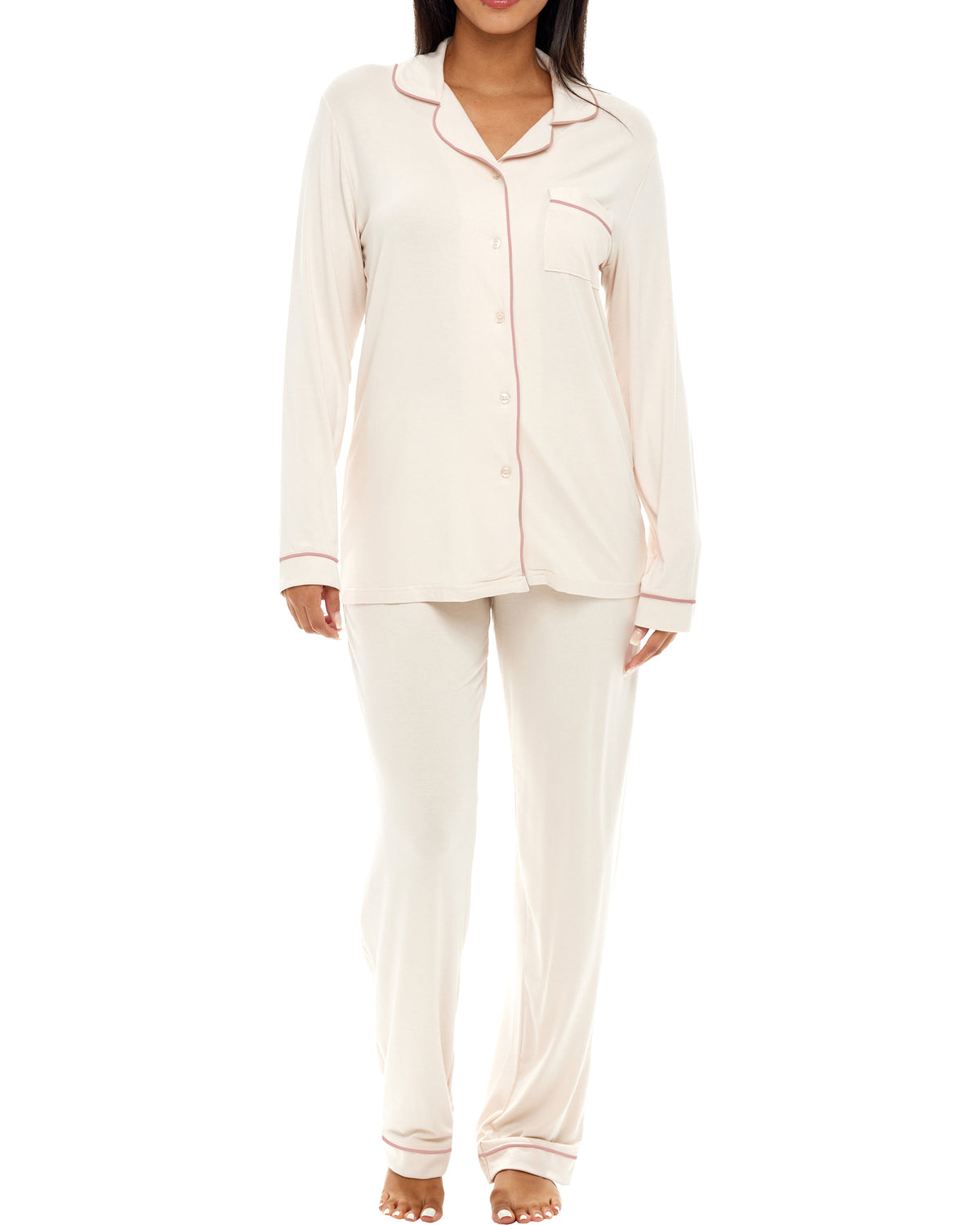 Seashell Classic Cotton Knit Pajamas Set with Pockets, Lightweight Long Sleeve PJ Set