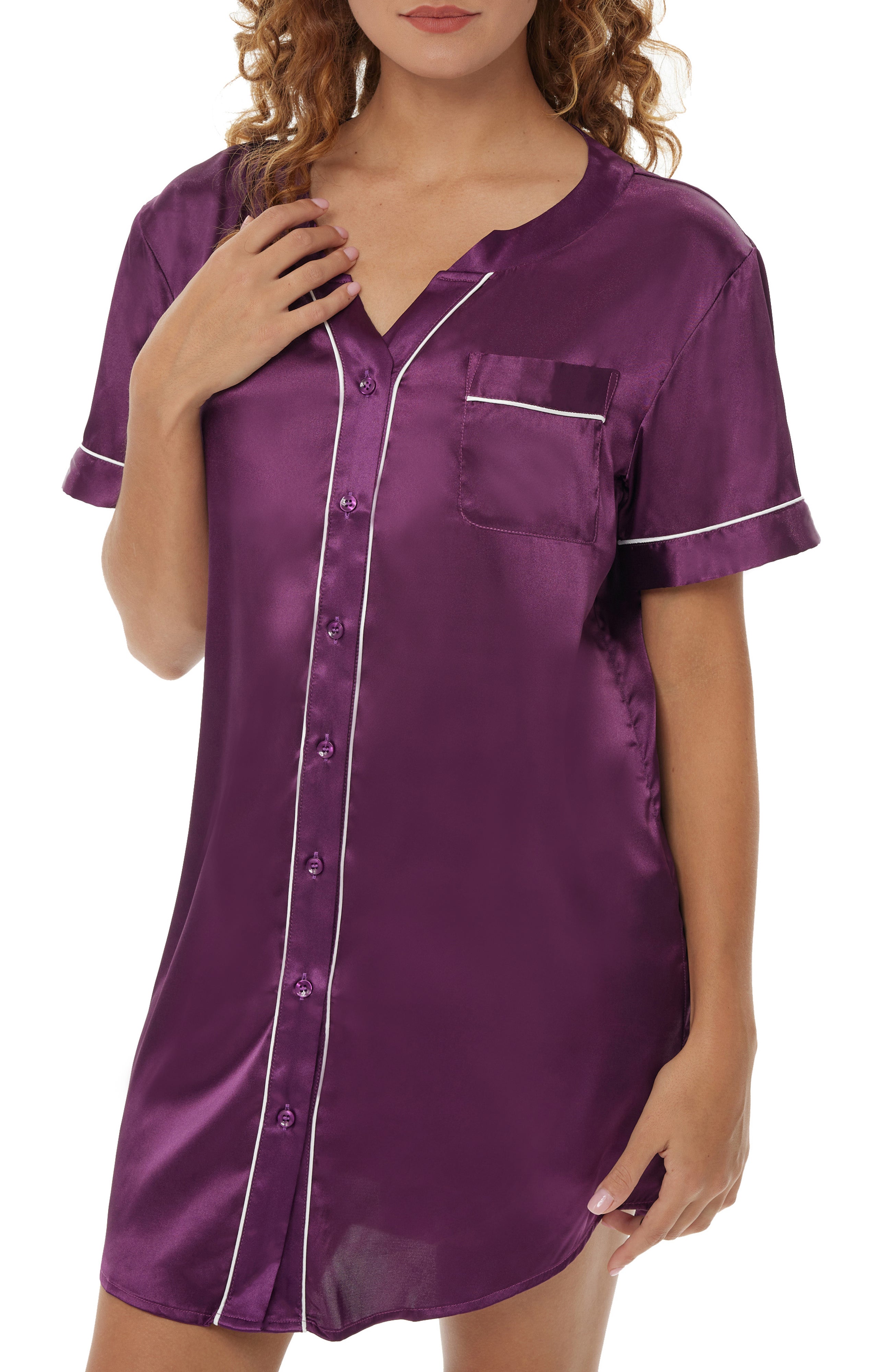satin pajama shirt dress Ekouaer Silk Nightgowns for Women Button Down Nightshirts Short Sleeve Sleepshirts Nightdress Satin Sleepwear Striped Pink XL