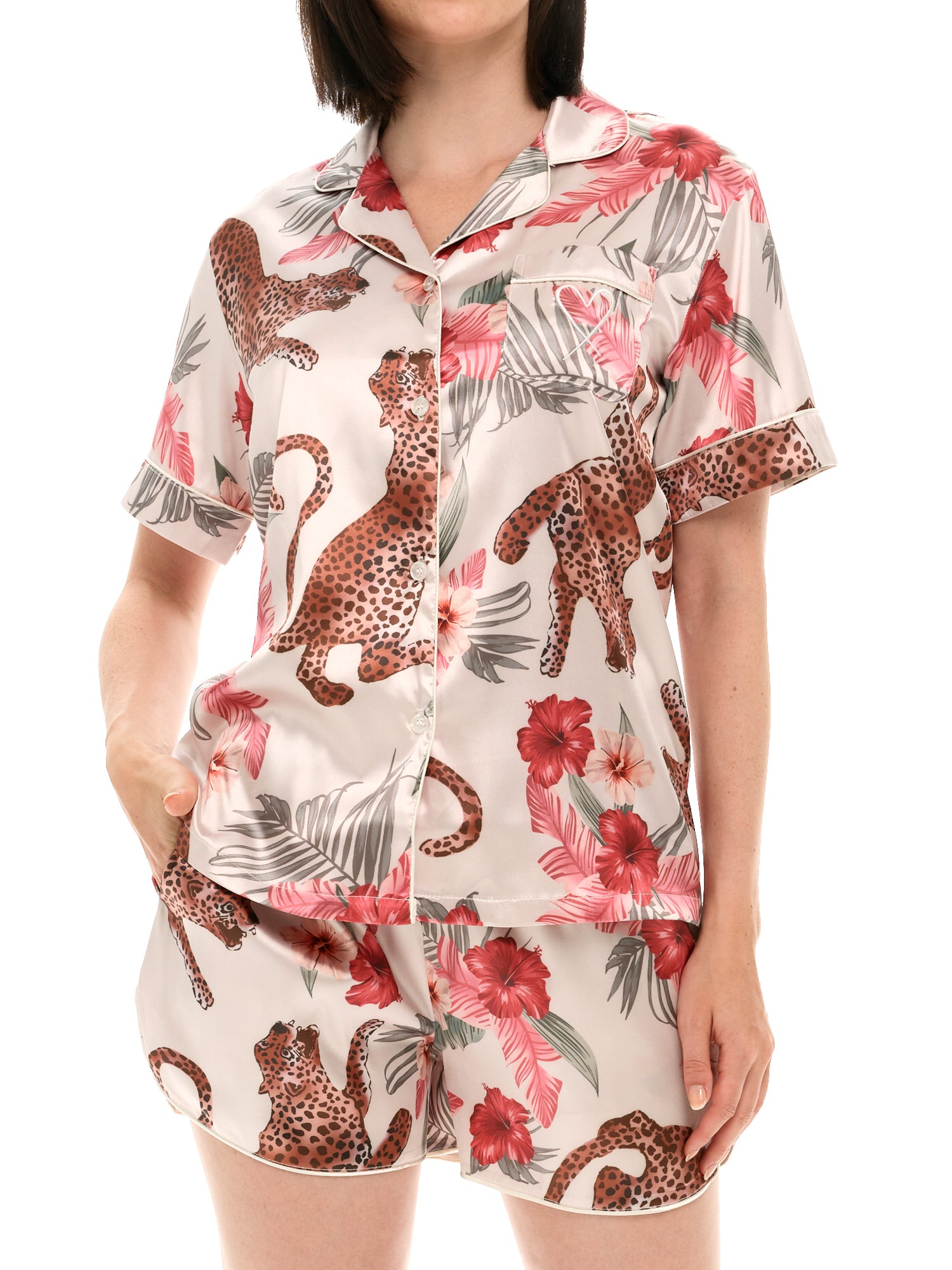 Women's Classic Satin Pajamas Set with Pockets, Short Sleeve PJs with Heart, Cream Tiger Floral / XL
