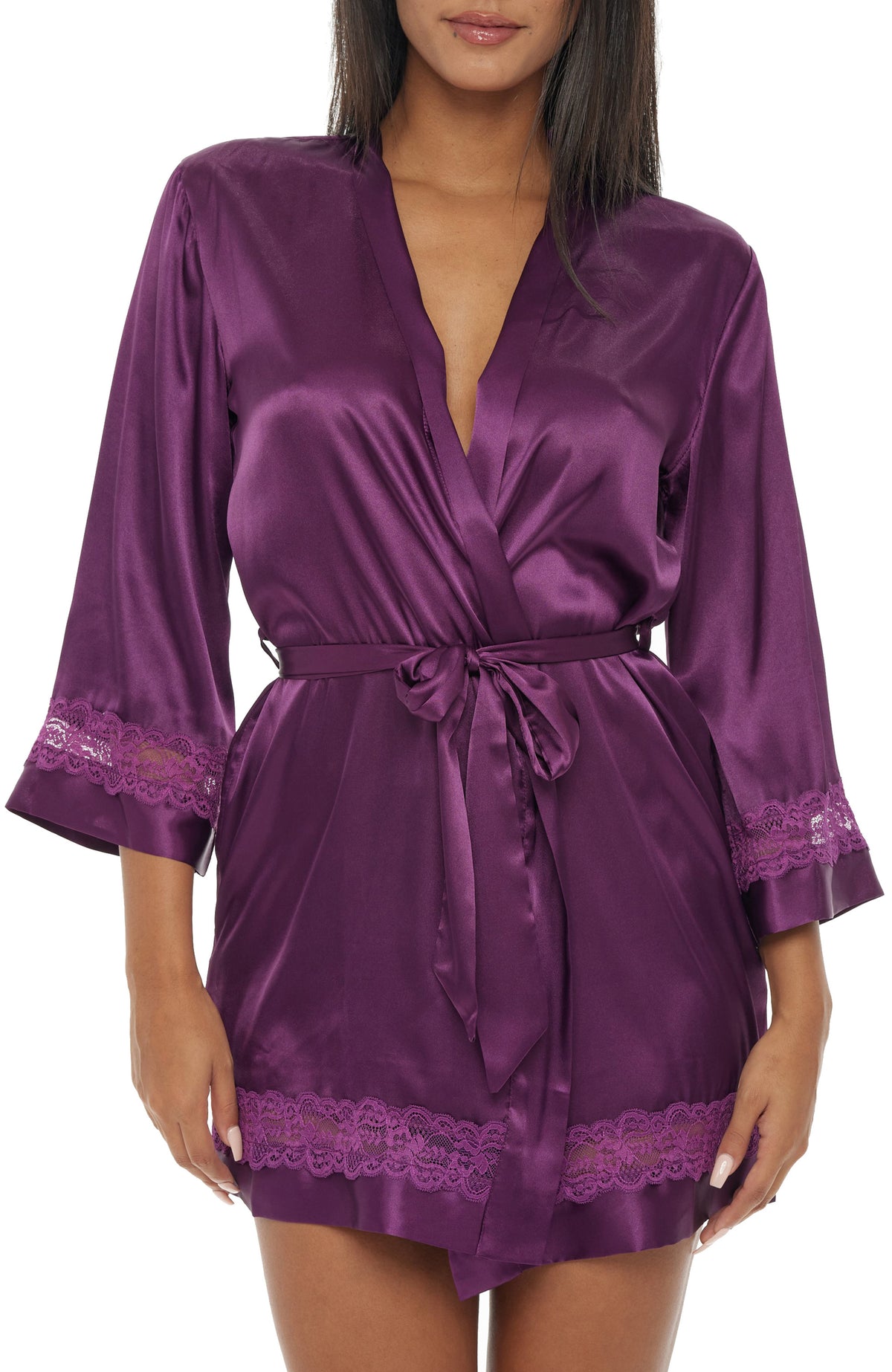 Women's Deep Purple Lace Trim Satin Robe, Knee Length