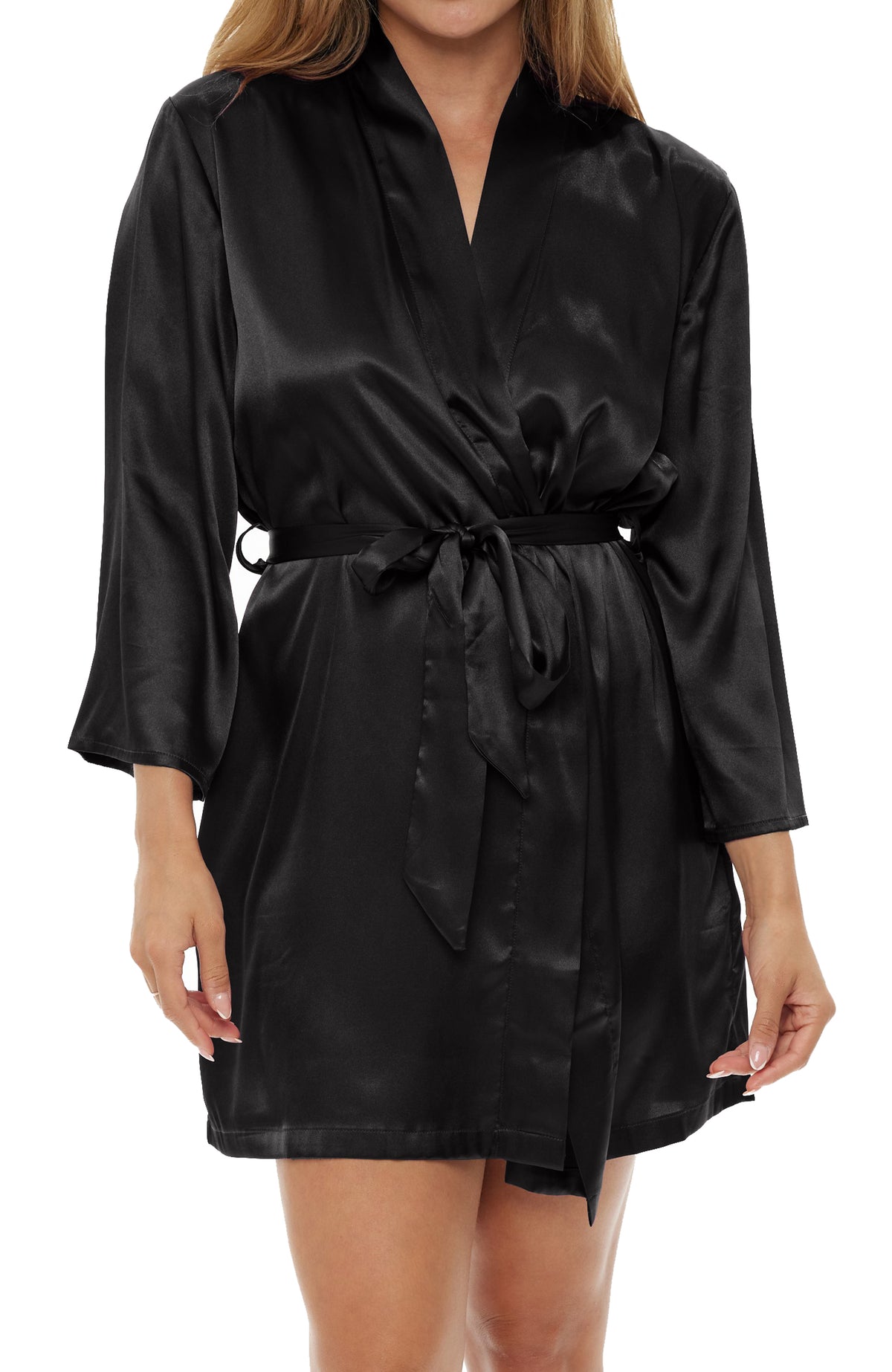 Women's Black Satin Robe with Pockets, Belt Loops, Short, Above the Knee Length