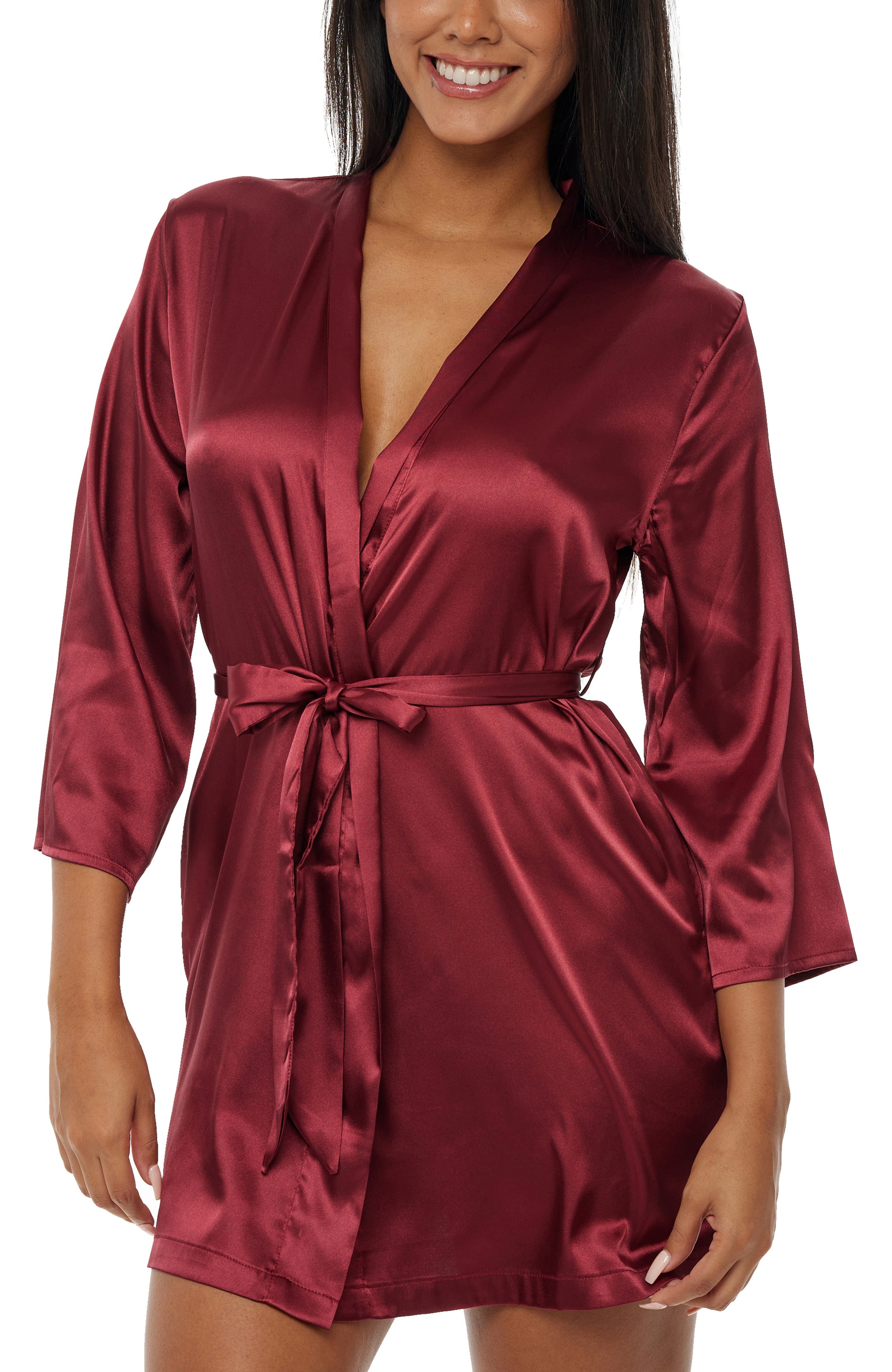 satin dressing gown short Women's Satin Robe with Pockets, Belt Loops, Short, Above the Knee Length, Burgundy / Small