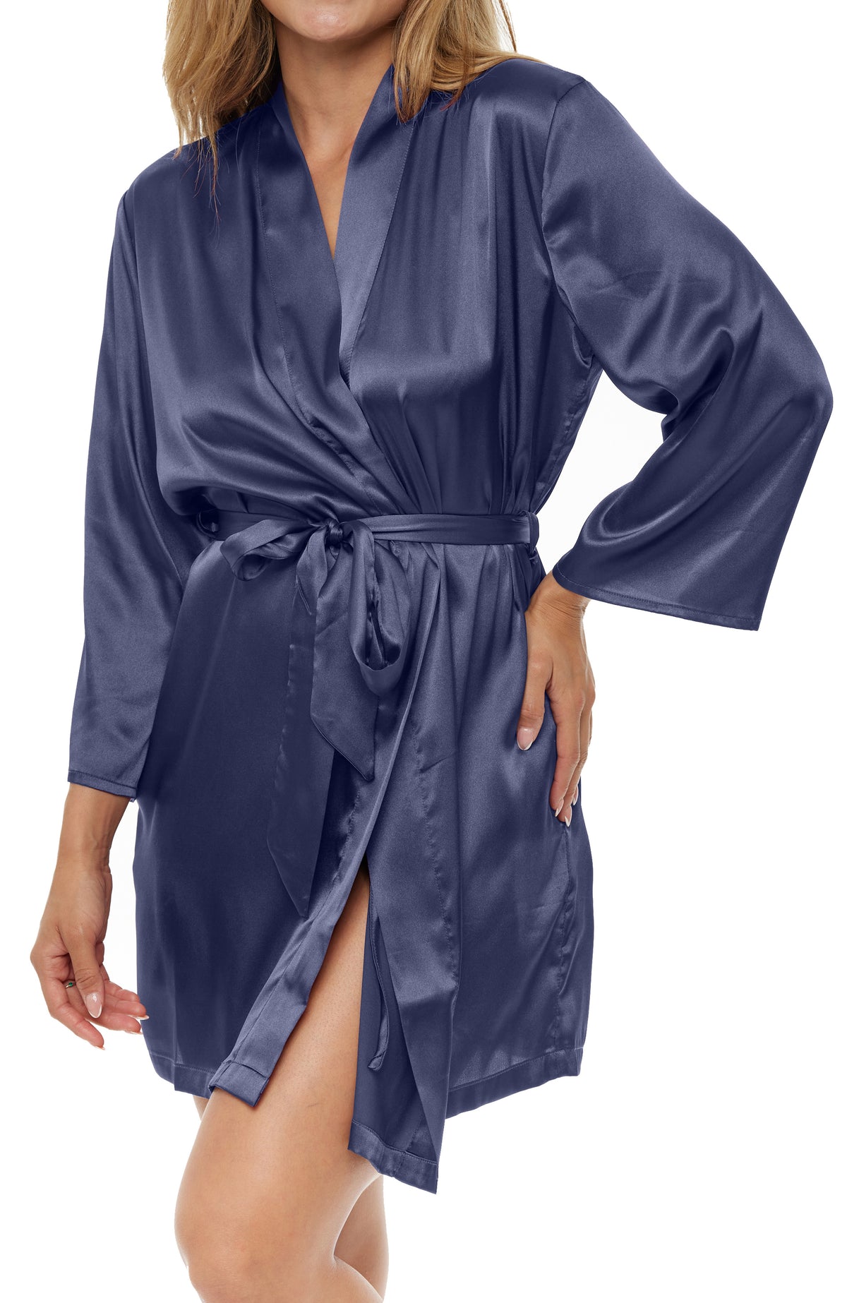 Women's Midnight Blue Satin Robe with Pockets, Belt Loops, Short, Above the Knee Length