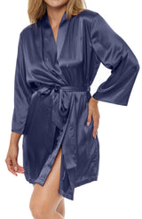 Women's Midnight Blue Satin Robe with Pockets, Belt Loops, Short, Above the Knee Length