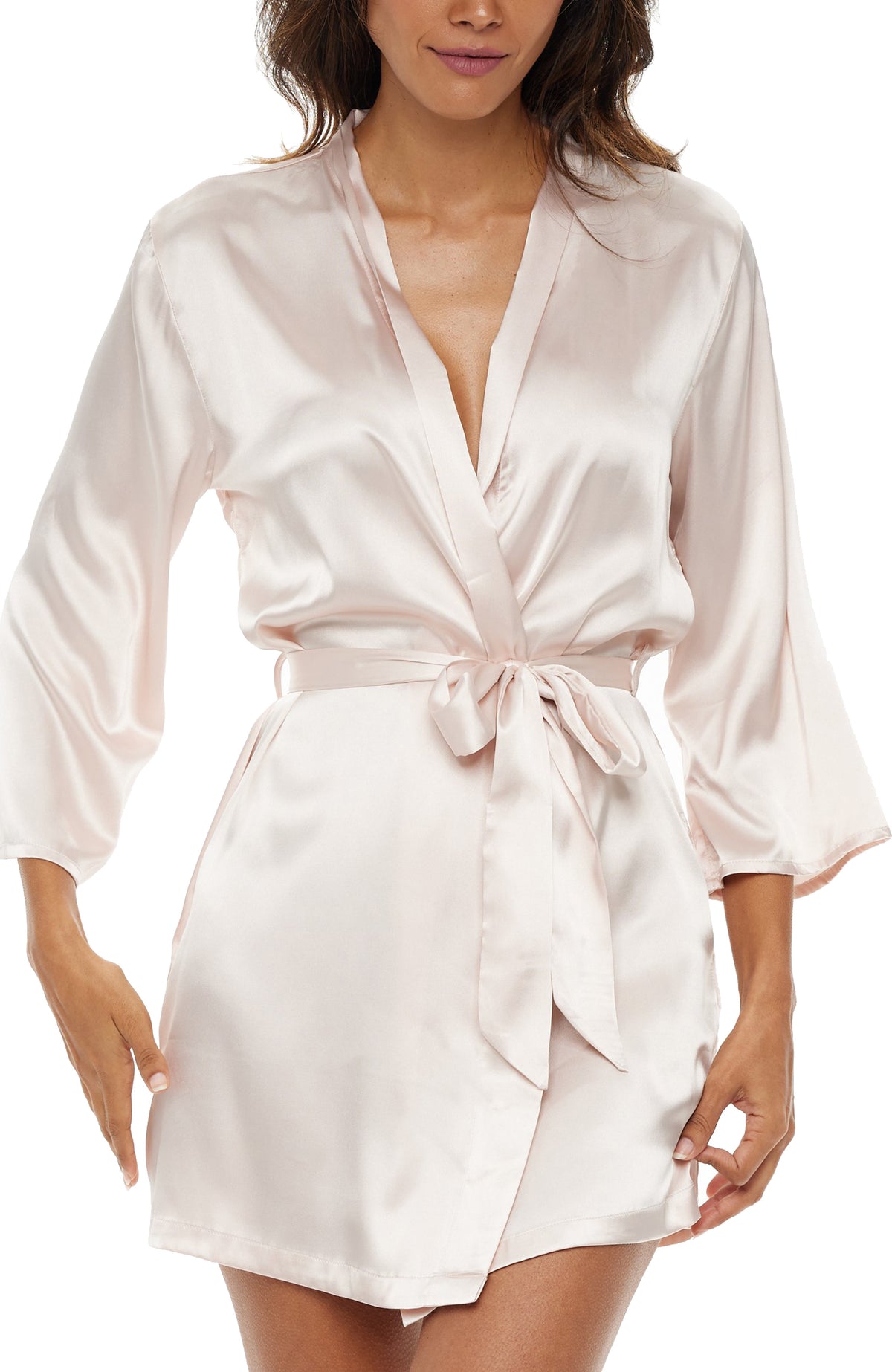 Women's Pink Champagne Satin Robe with Pockets, Belt Loops, Short, Above the Knee Length