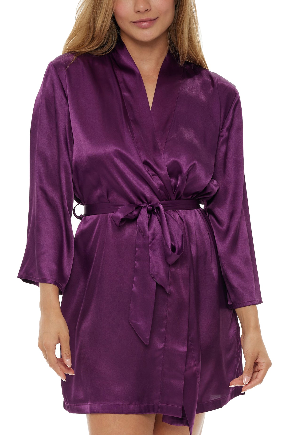 Women's Deep Purple Satin Robe with Pockets, Belt Loops, Short, Above the Knee Length