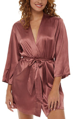 Women's Redwood Satin Robe with Pockets, Belt Loops, Short, Above the Knee Length