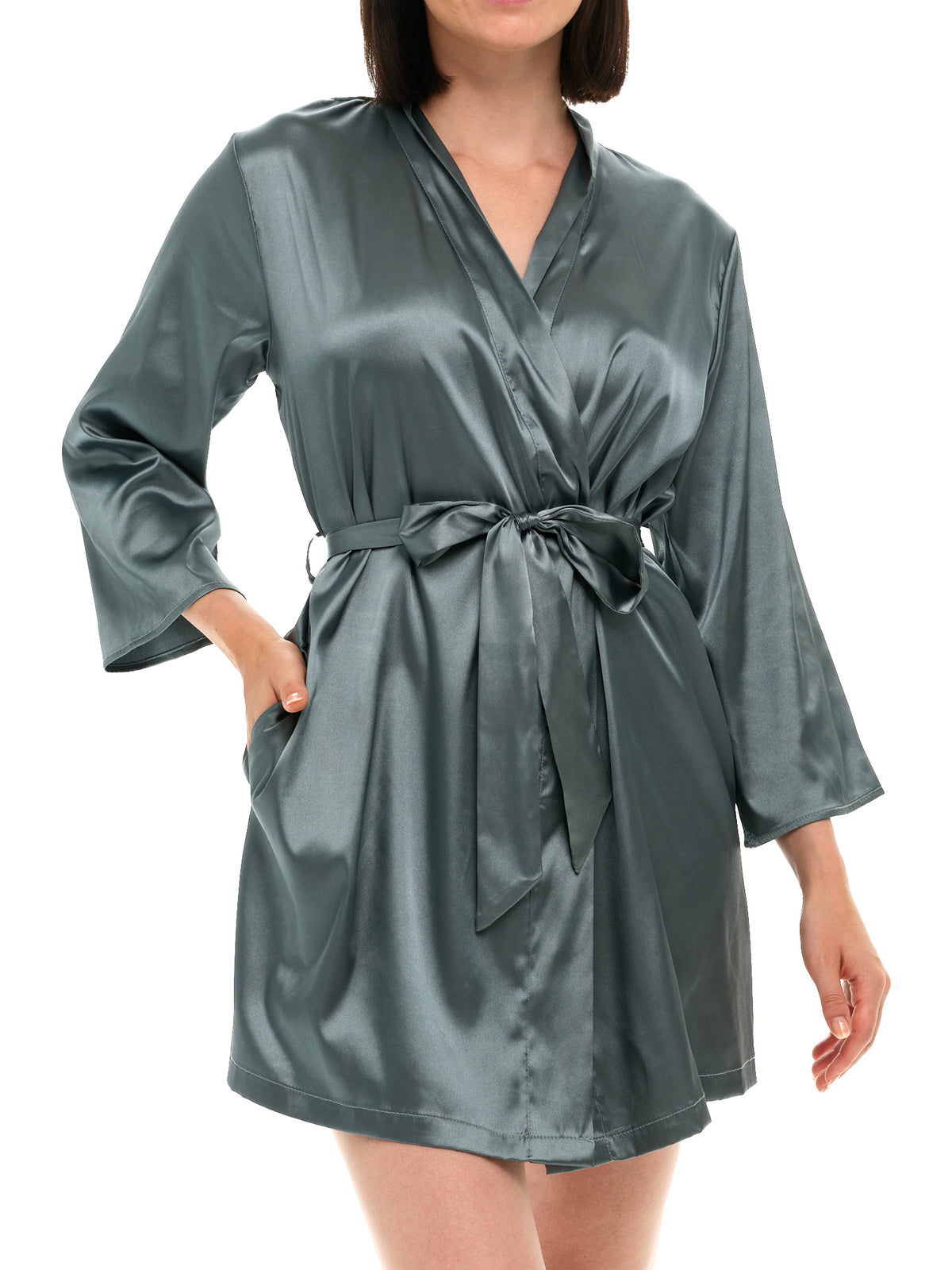 Women's Twilight Satin Robe with Pockets, Belt Loops, Short, Above the Knee Length