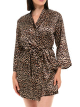 Women's Leopard Print Satin Robe with Pockets, Belt Loops, Short, Above the Knee Length