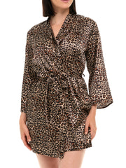 Women's Leopard Print Satin Robe with Pockets, Belt Loops, Short, Above the Knee Length
