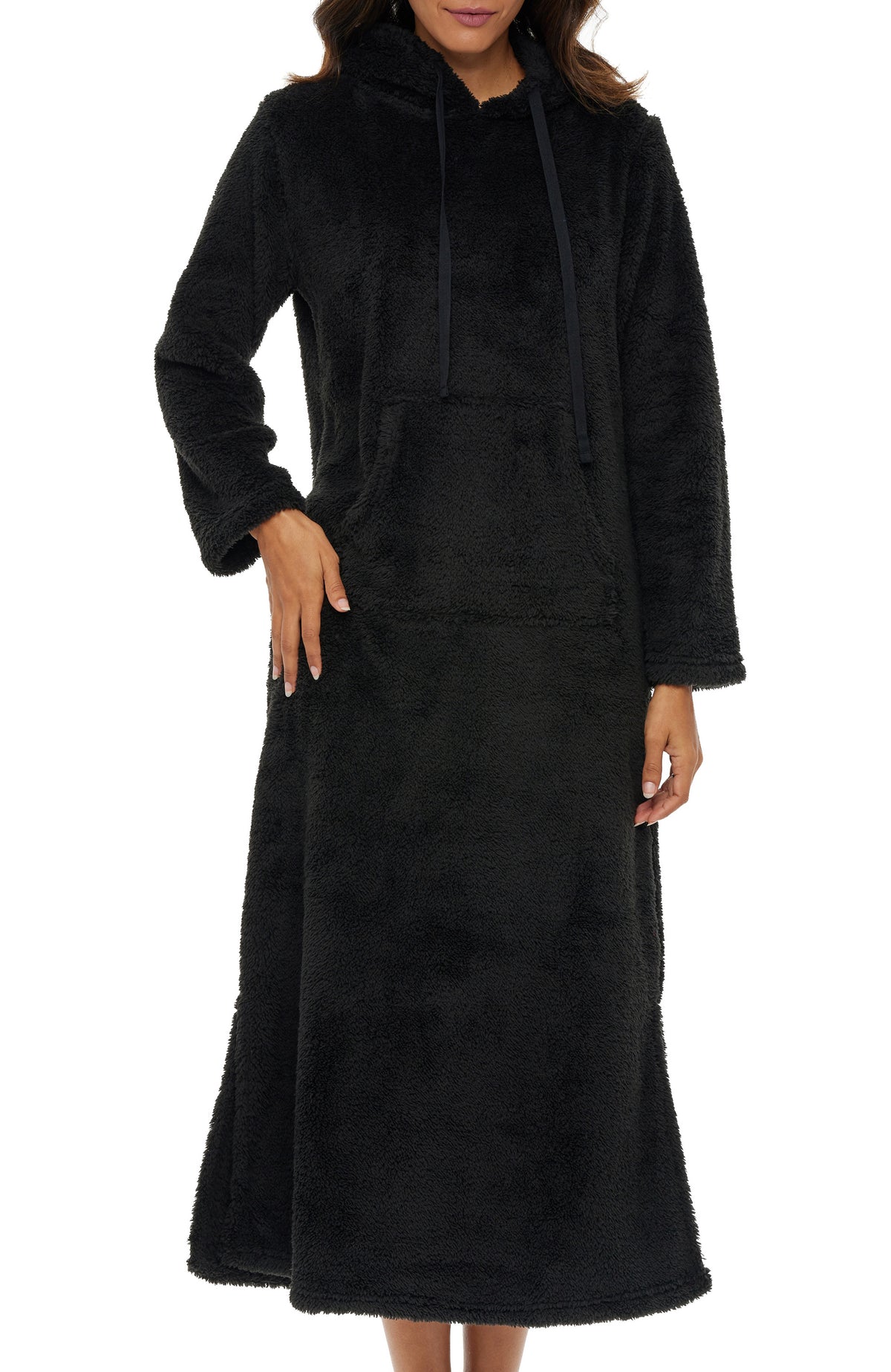 Women's Black Plush Sweatshirt Robe with Pockets, Long Hooded Fleece Duster Kaftan