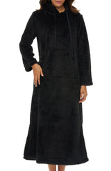 Women's Black Plush Sweatshirt Robe with Pockets, Long Hooded Fleece Duster Kaftan