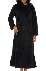 Women's Black Plush Sweatshirt Robe with Pockets, Long Hooded Fleece Duster Kaftan
