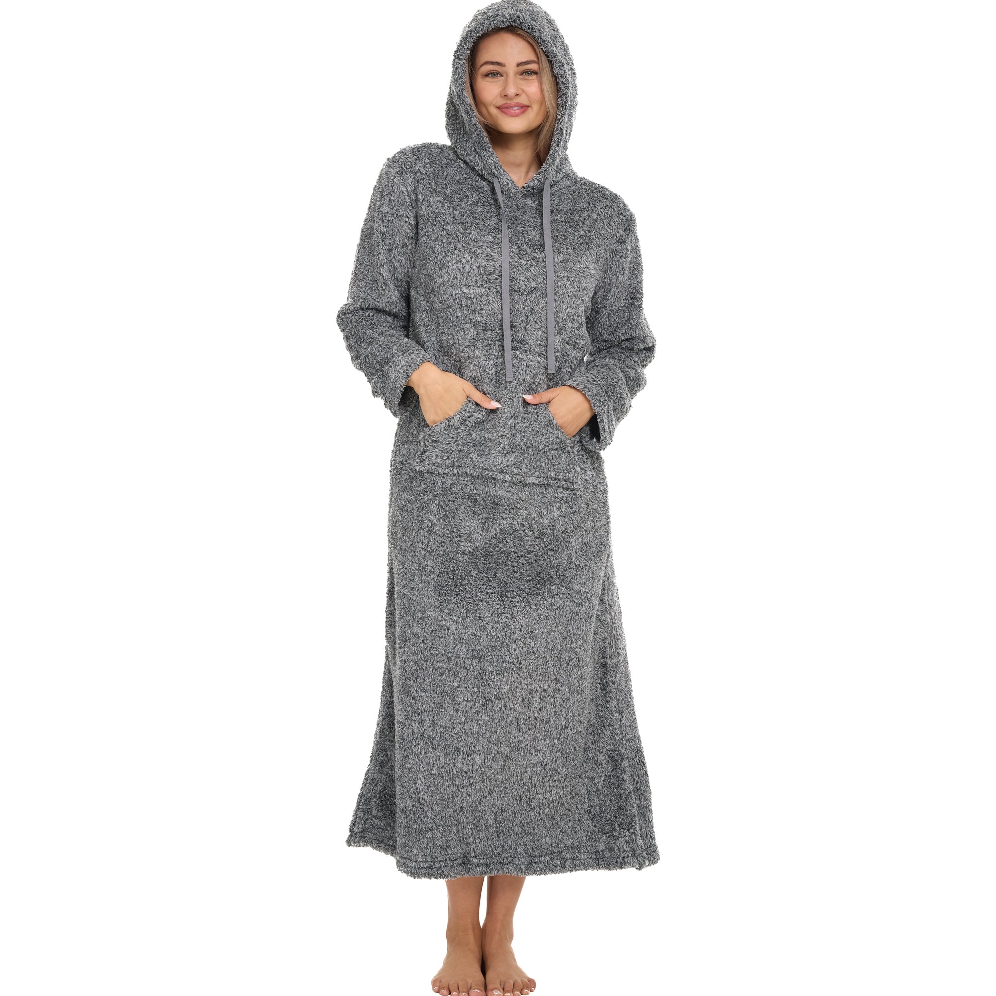 Women's Plush Sweatshirt Robe with Pockets, Long Hooded Fleece Duster Kaftan, Dark Heathered Gray / XL