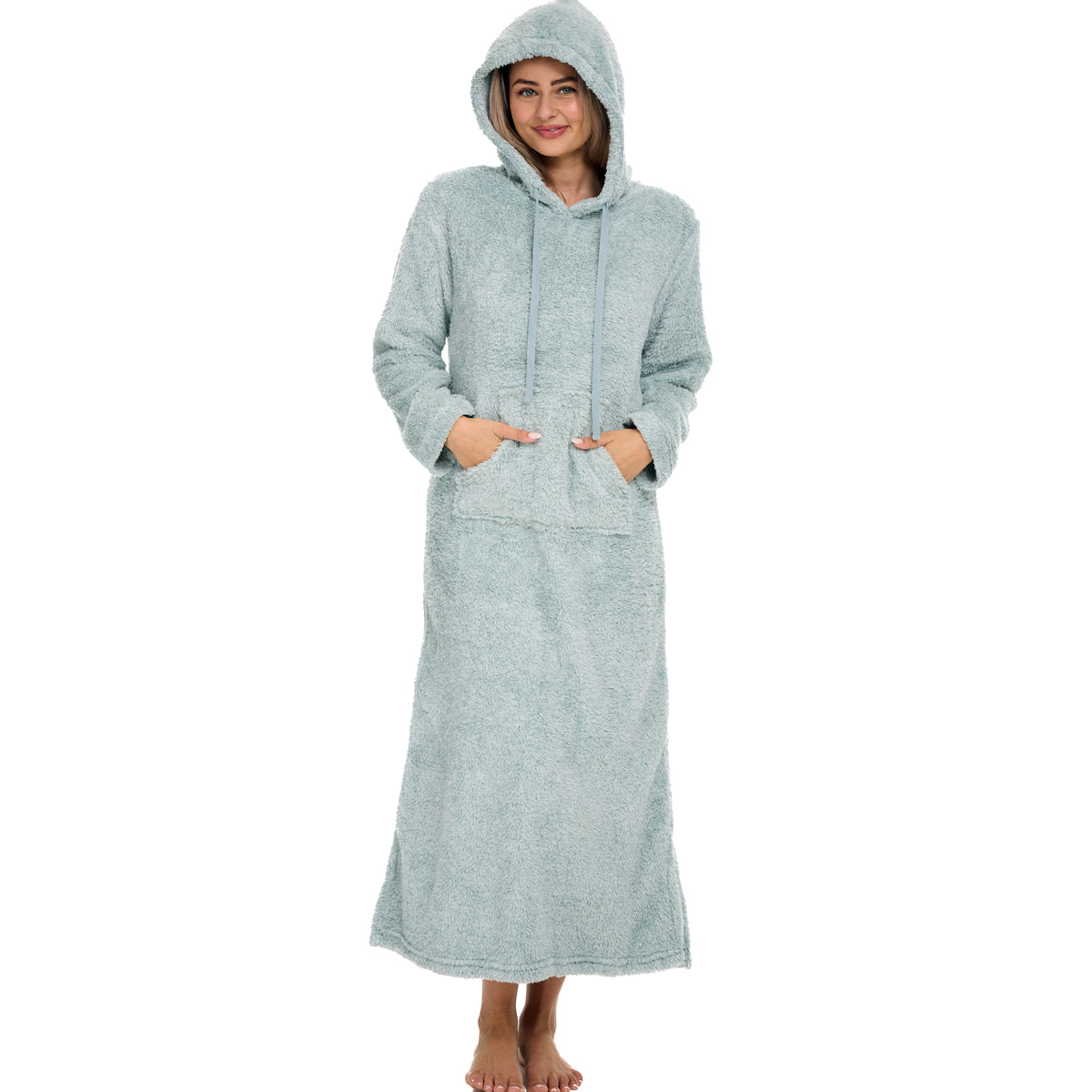 Women's Light Mint Plush Sweatshirt Robe with Pockets, Long Hooded Fleece Duster Kaftan