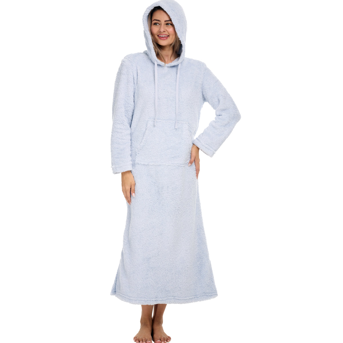 Women's Heathered Light Blue Plush Sweatshirt Robe with Pockets, Long Hooded Fleece Duster Kaftan
