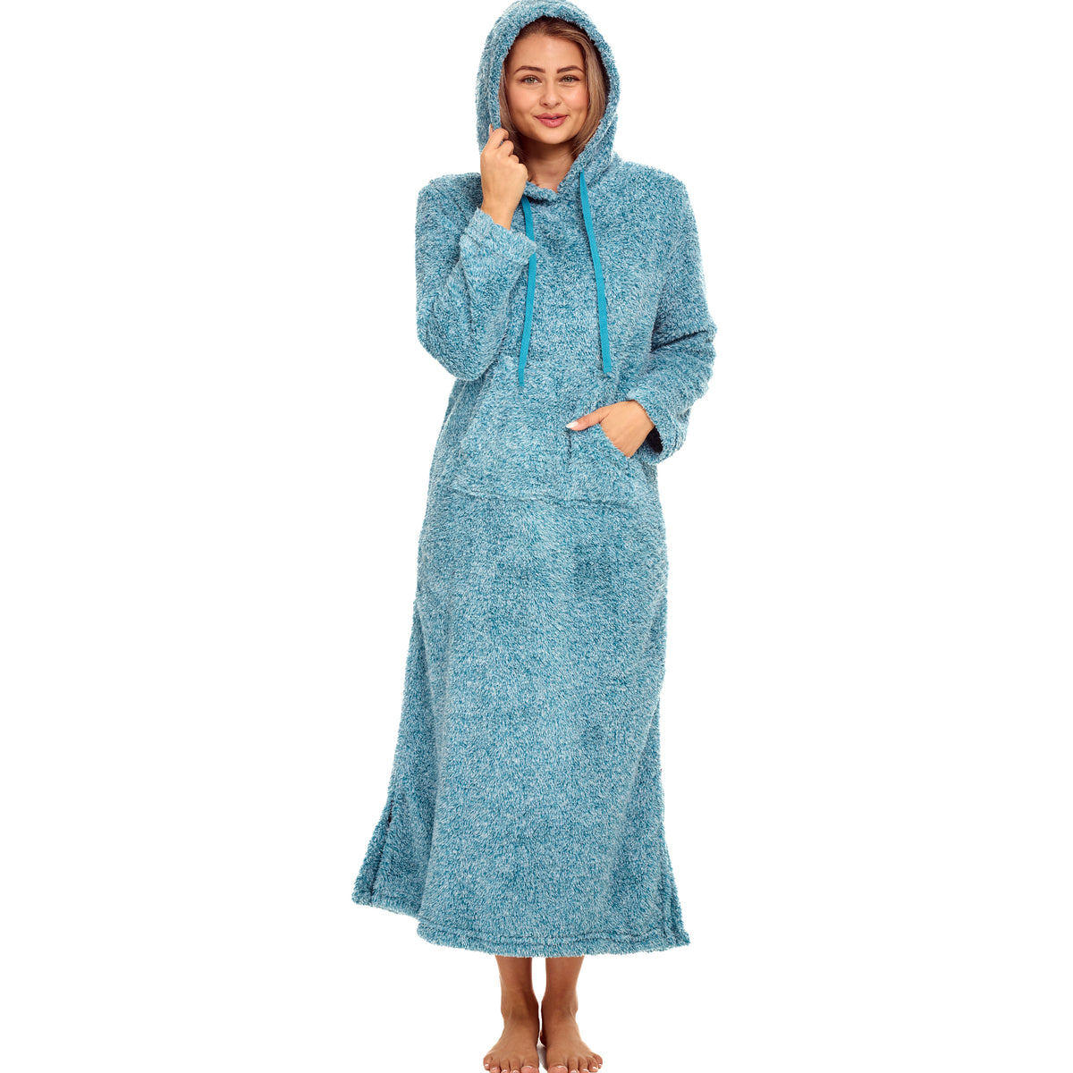 Women's Heathered Turquoise Plush Sweatshirt Robe with Pockets, Long Hooded Fleece Duster Kaftan