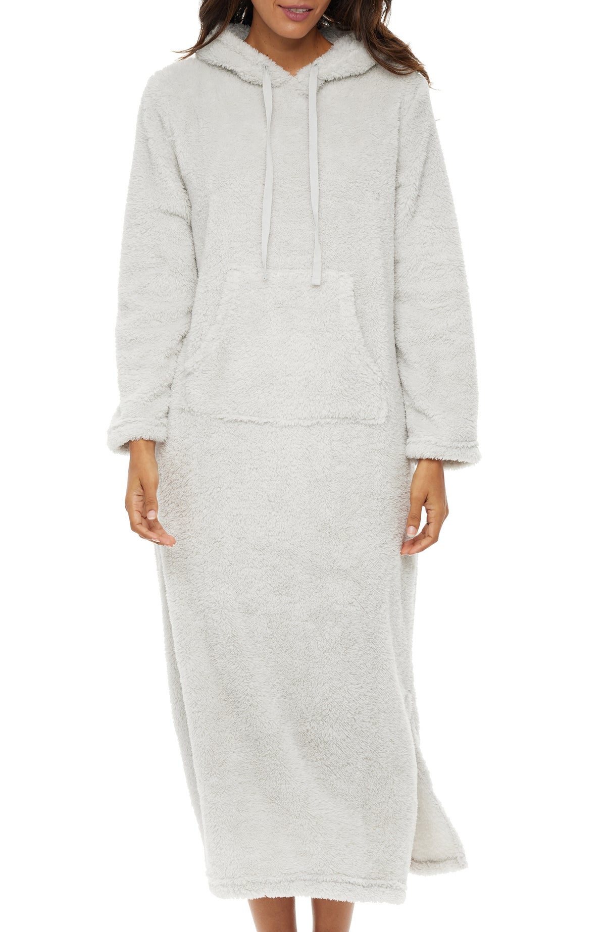 Women's Light Gray Plush Sweatshirt Robe with Pockets, Long Hooded Fleece Duster Kaftan