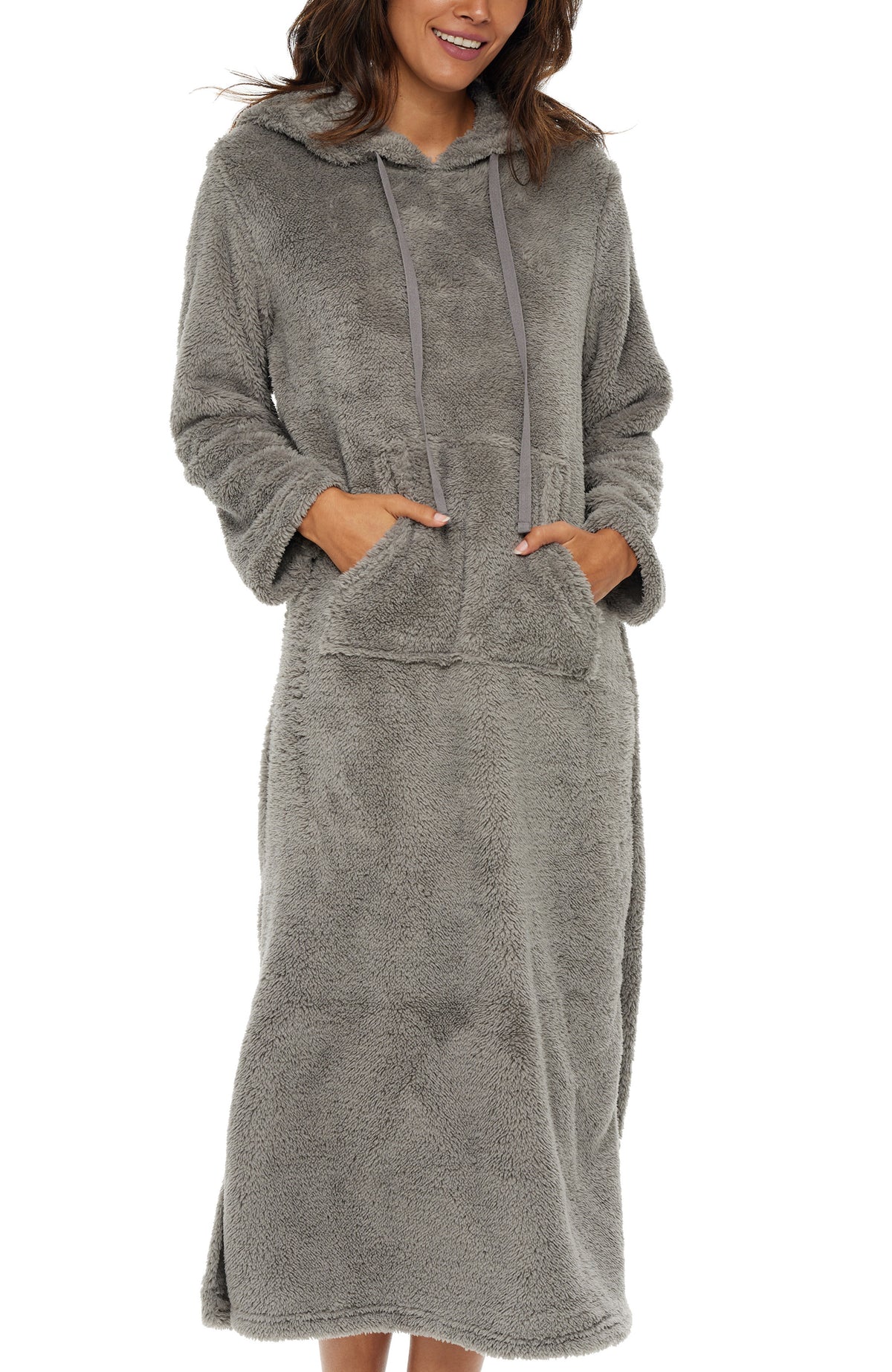 Women's Steel Gray Plush Sweatshirt Robe with Pockets, Long Hooded Fleece Duster Kaftan
