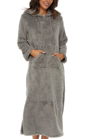 Women's Steel Gray Plush Sweatshirt Robe with Pockets, Long Hooded Fleece Duster Kaftan
