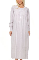 Women's White Floral on Gray Cotton Victorian Nightgown with Pockets, Emily Long Sleeve Lace Trimmed Button Up Long Night Dress